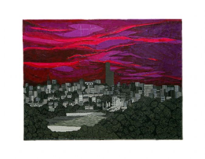 הילה קרבלניקוב, תל השומר 1, 2010, מסקינטייפים וטפטים על קנבס מתוח, 133X104 ס''מ הילה קרבלניקוב, תל השומר 1, 2010, מסקינטייפים וטפטים על קנבס מתוח, 133X104 ס''מ