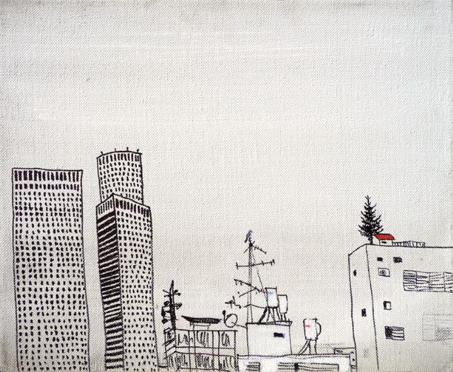 אלינה ספשילוב, בית קטן עם גג אדום, 2007, טוש ואקריליק על בד אלינה ספשילוב, בית קטן עם גג אדום, 2007, טוש ואקריליק על בד